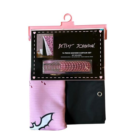 14pc Betsey Johnson Pink BATS Halloween Shower Curtain Hooks Liner Set 72x72 NEW - Picture 1 of 8